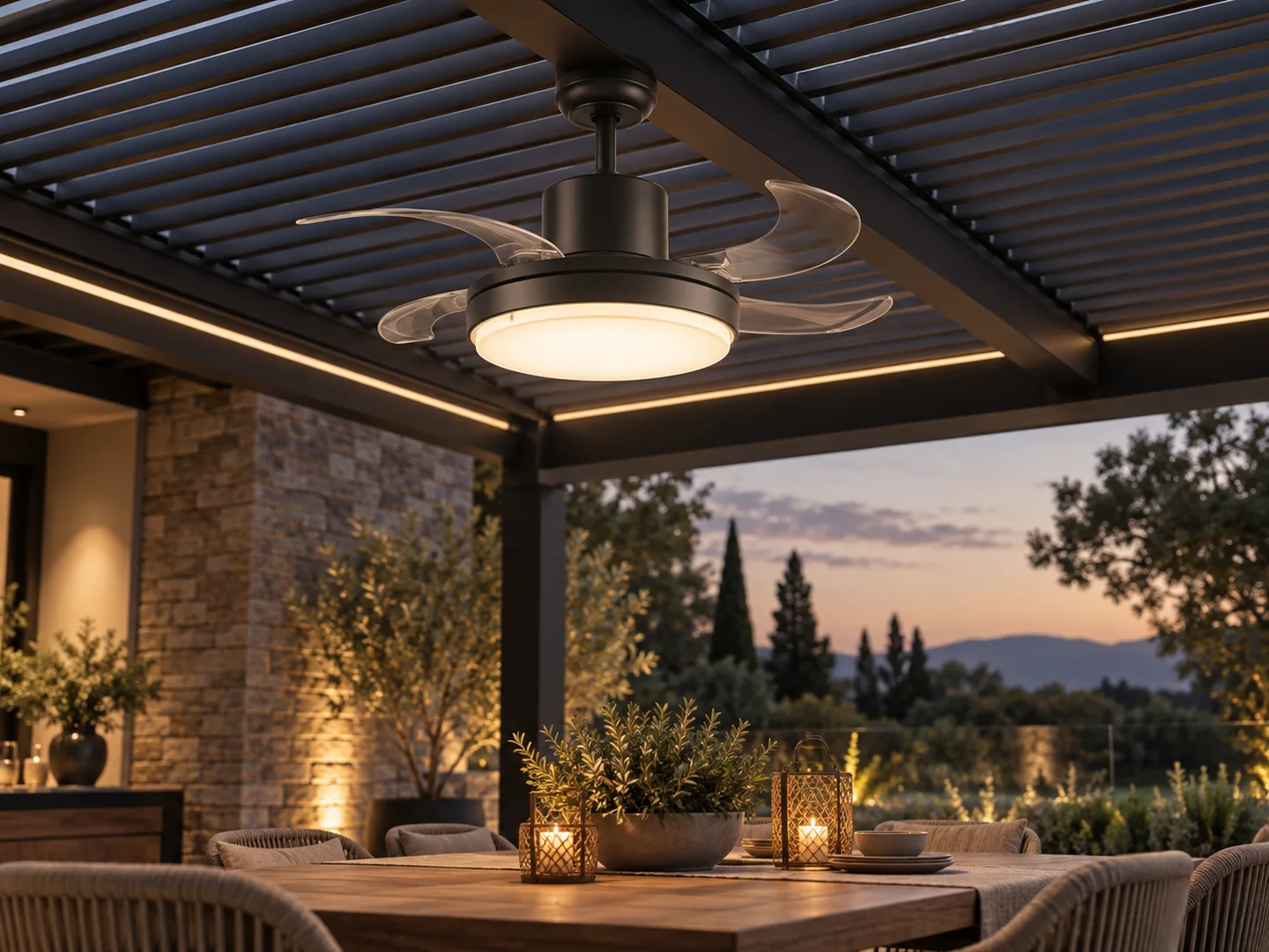 Ceiling fan with retractable blades and light mounted under a louvered pergola