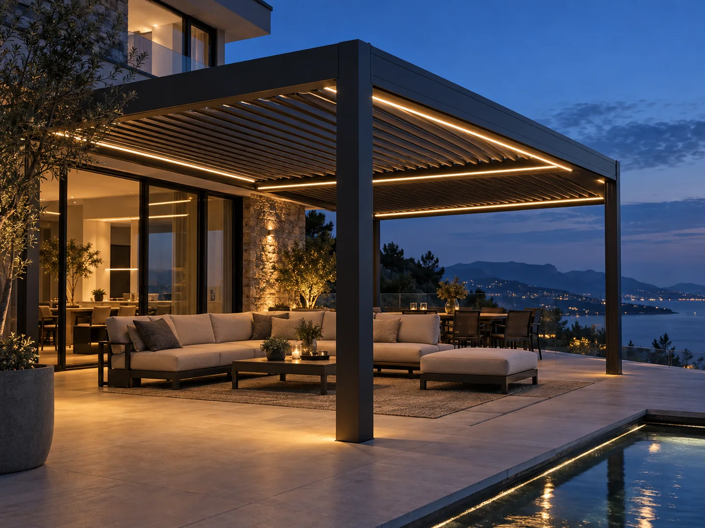 Warm LED strips integrated into a charcoal aluminum pergola at dusk