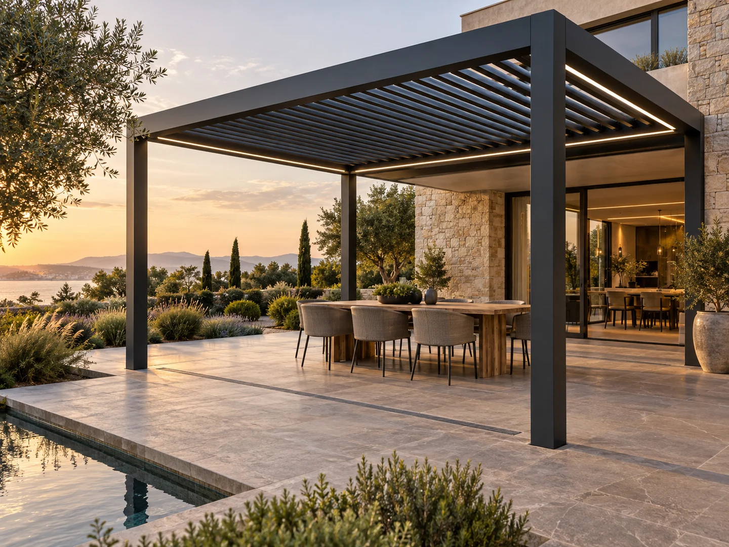Dark aluminum louvered pergola integrated with a landscaped villa terrace
