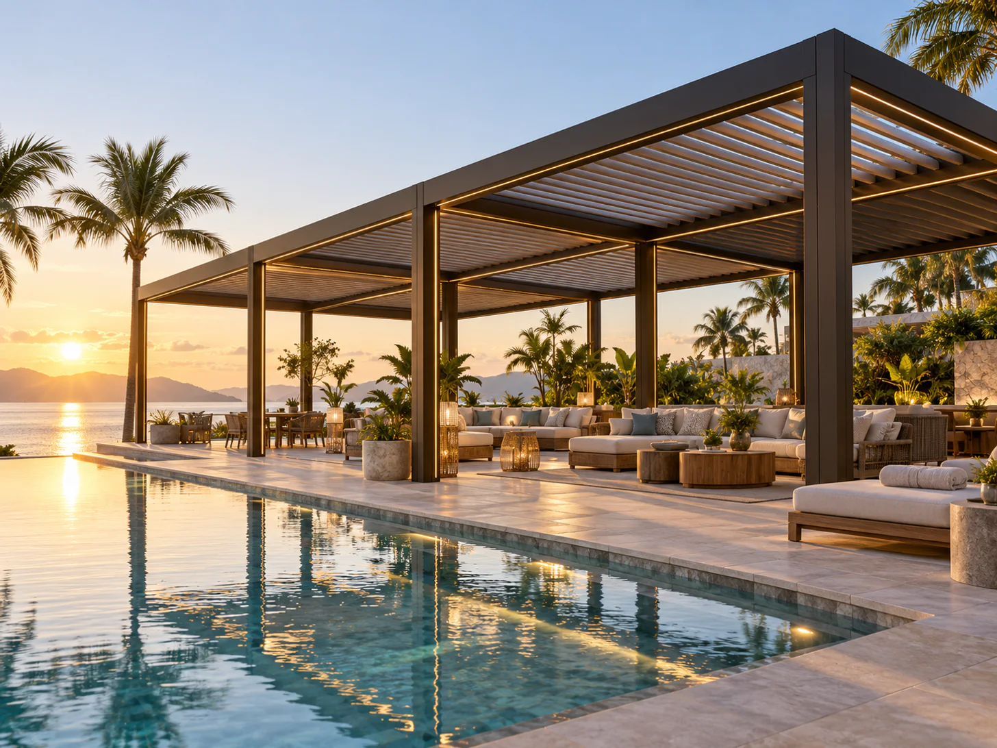 Multi-module bioclimatic pergola beside a waterfront resort pool