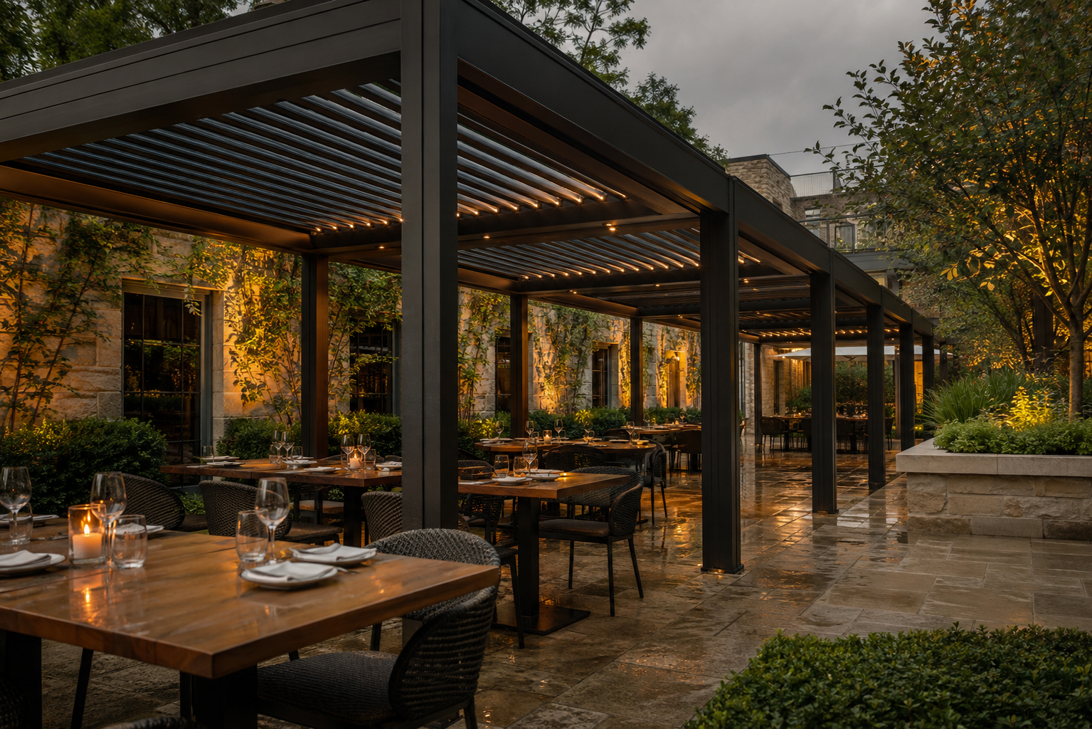 Connected aluminum pergola bays over a restaurant terrace